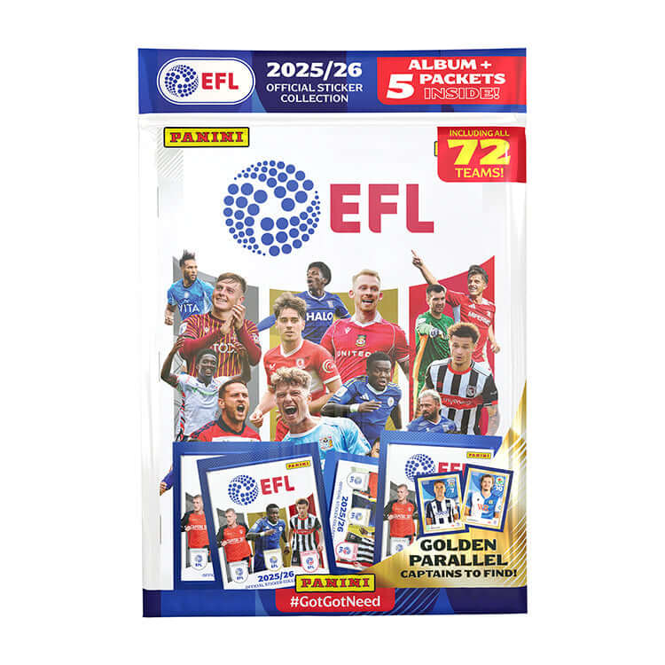 EFL 2025-26 sticker collection featuring album and 5 packets with players from all 72 teams.