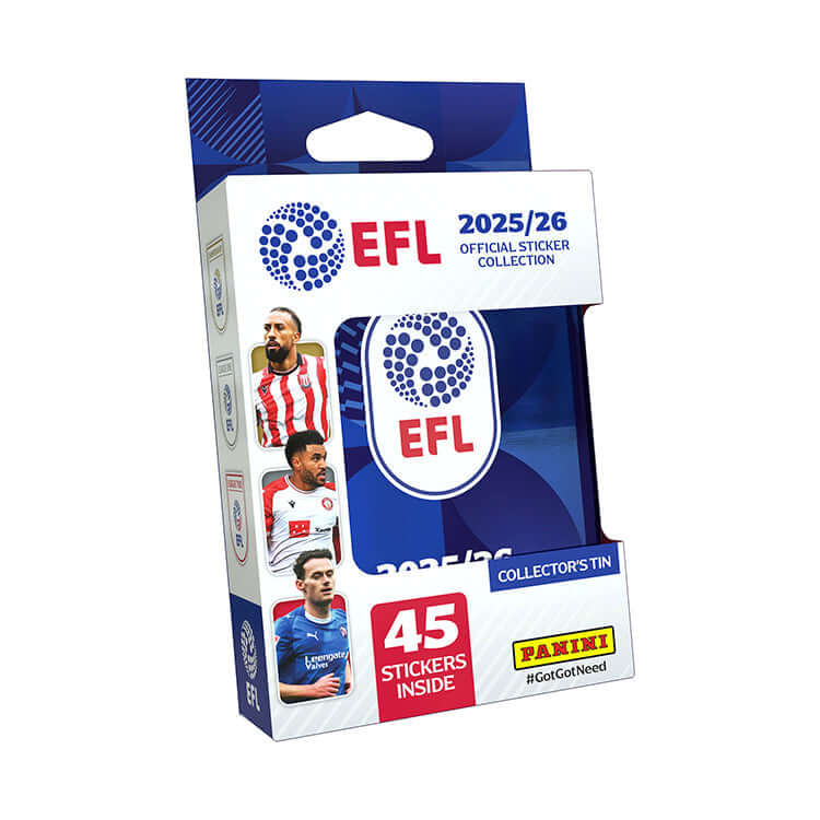 EFL 2025-26 sticker collection tin featuring 45 stickers from Panini for collectors and fans.