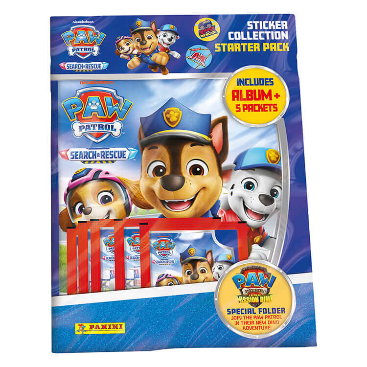 Paw Patrol Search &amp; Rescue Sticker Collection starter pack featuring album and five sticker packets.