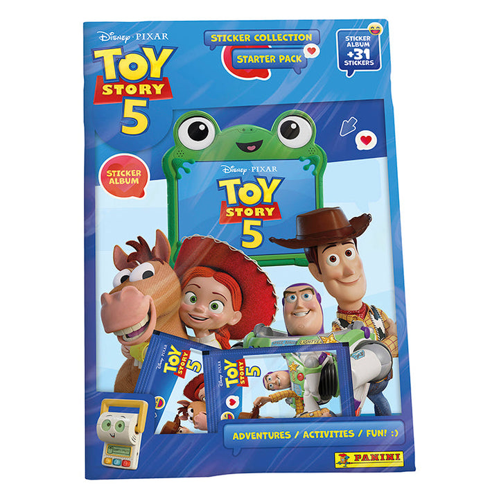 Toy Story 5 sticker collection starter pack with characters Woody, Buzz, and Jessie from Disney Pixar.
