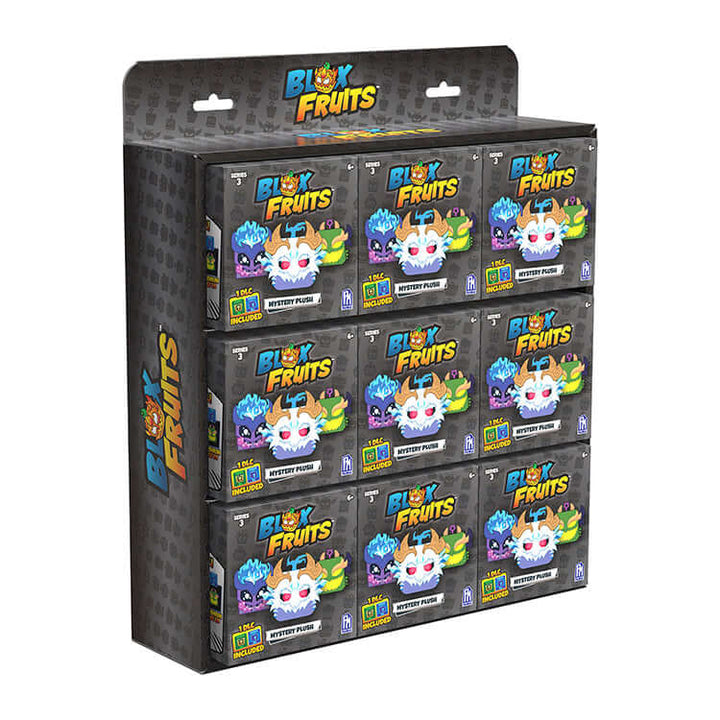 Blox Fruits Series 3 4-inch Collectable Plush display box featuring vibrant mystery plush characters.