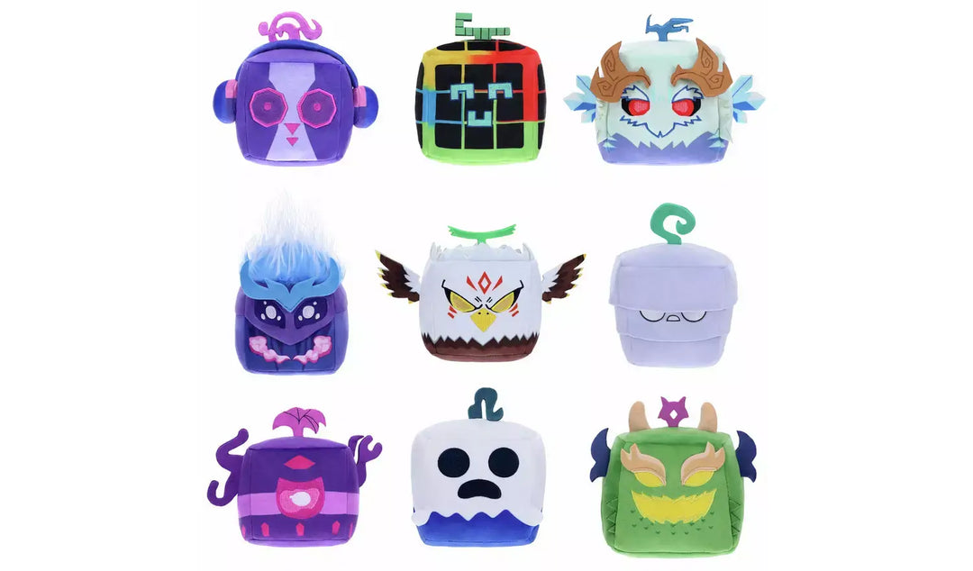 Blox Fruits Series 3 4-inch Collectable Plush featuring nine unique character designs in vibrant colors.