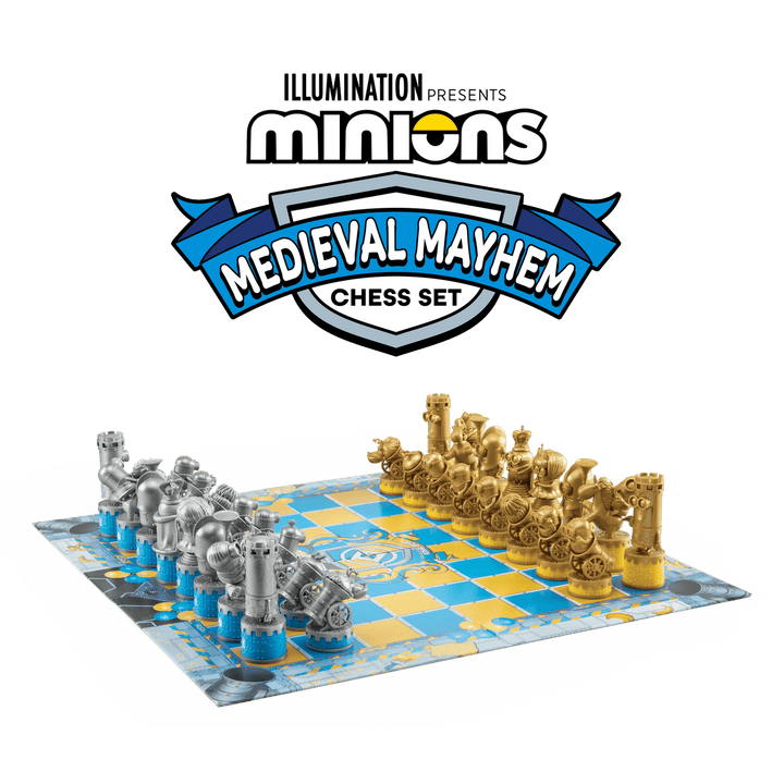 Minions Medieval Mayhem Chess Set Despicable Me featuring unique Minion character pieces on a colorful chessboard.