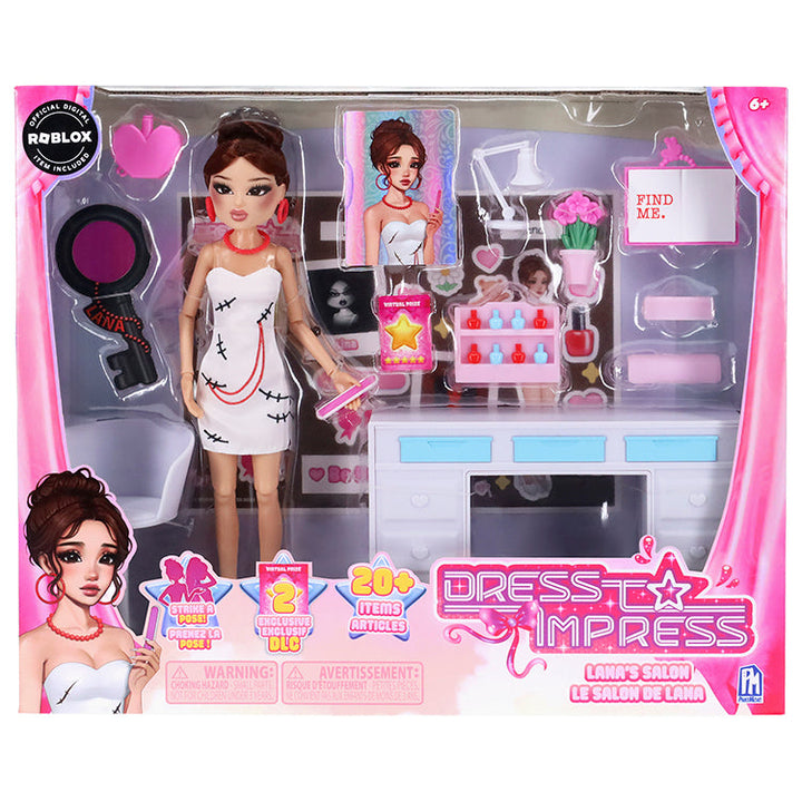 Dress To Impress Series 1 Lana Deluxe Fashion Doll with Salon set showcasing styling accessories and vibrant packaging.