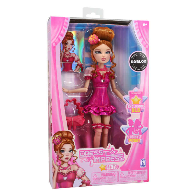 Lovely Hearts fashion doll in box, showcasing hot pink dress and accessories from Dress To Impress Series 2.