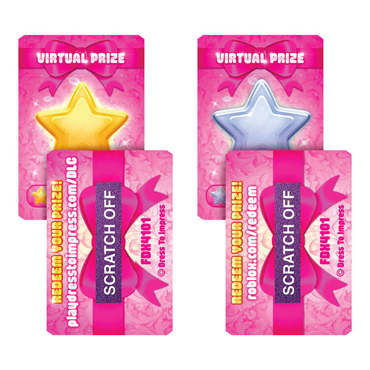 Dress To Impress Series 1 Lana Deluxe virtual prize scratch-off cards featuring colorful star designs.