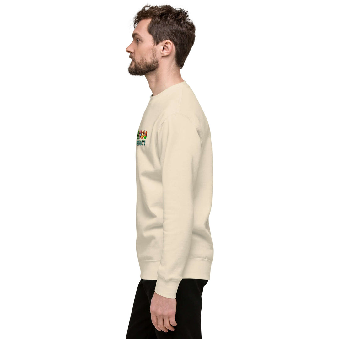 Earthlets Unisex Premium Sweatshirt shown from the side, featuring ribbed crew neck and colorful design.
