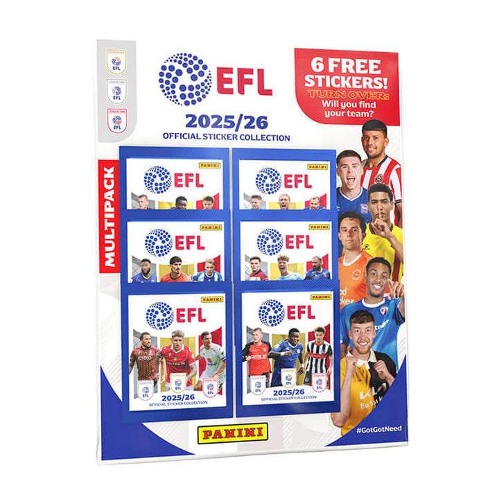 EFL 2025-26 sticker collection multipack with six free stickers for fans and collectors.