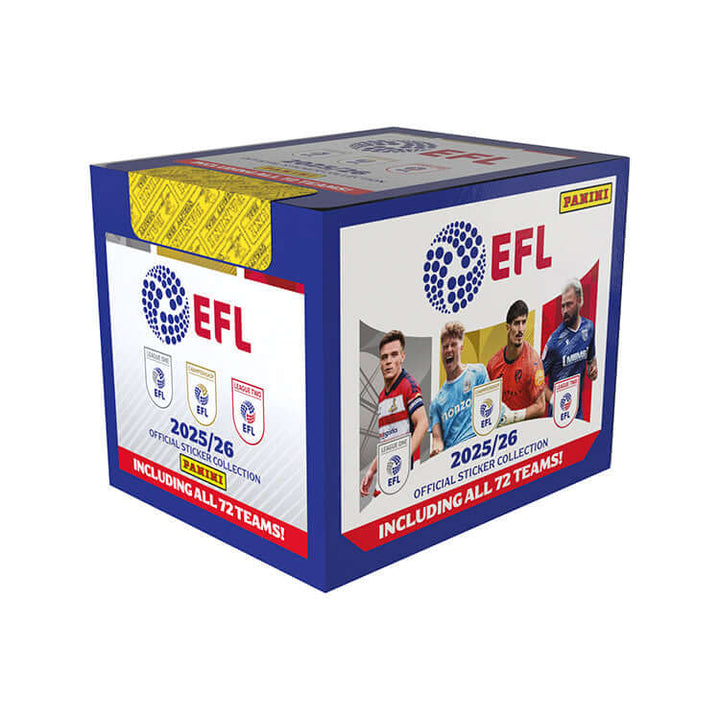EFL 2025-26 Sticker Collection box featuring all 72 teams from Panini, ideal for collectors and fans.