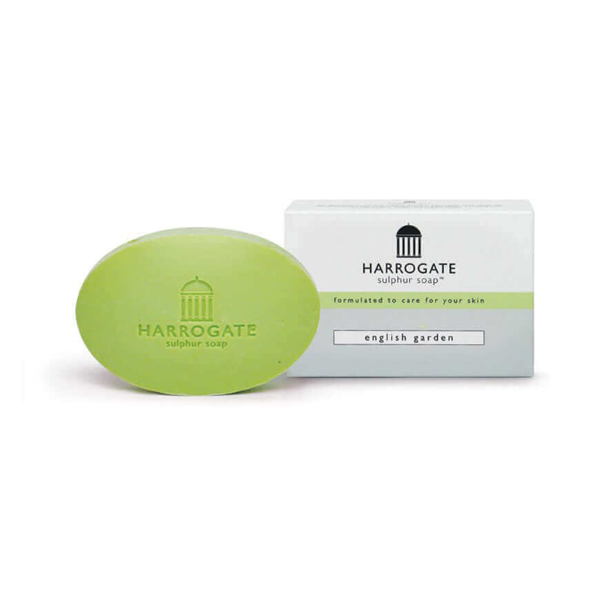 Harrogate sulphur soap 100g in green packaging, English Garden scent for skincare routines.