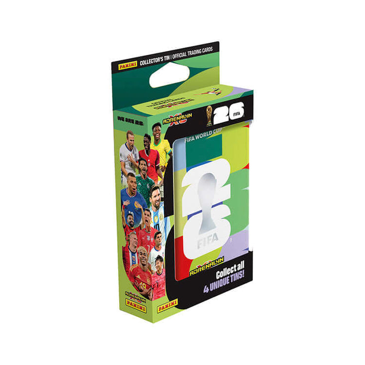 FIFA World Cup 2026 Adrenalyn XL Official Trading Cards collector's tin featuring colorful designs.