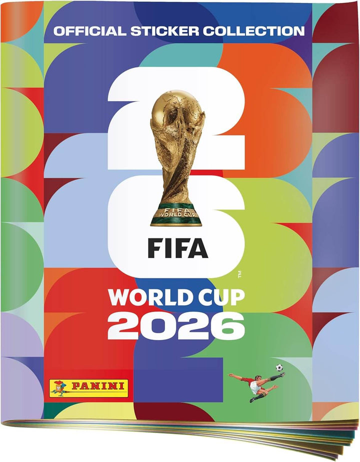 FIFA World Cup 2026 Official Sticker Album featuring colorful design and trophy image.