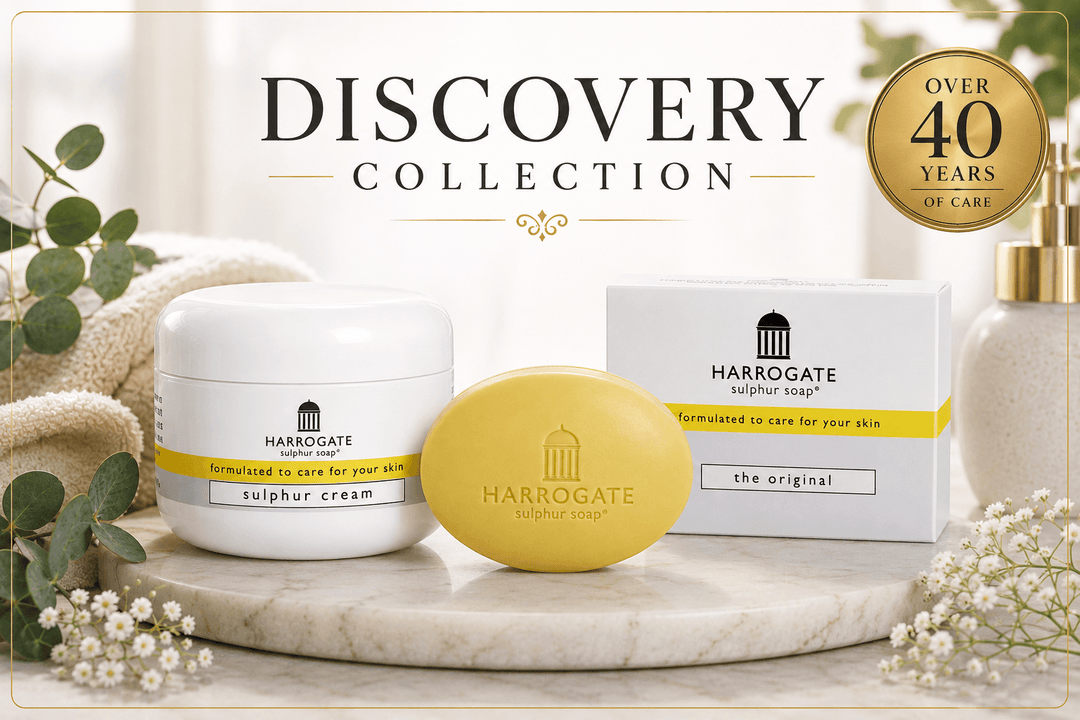 Harrogate sulphur skincare collection featuring Sulphur Cream and Original Sulphur Soap on display.