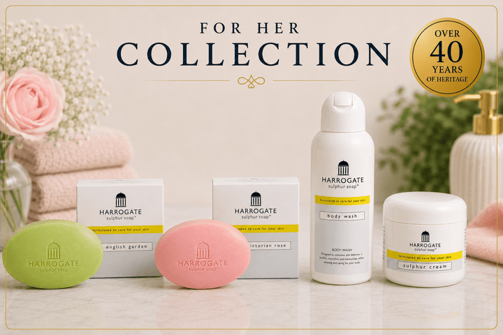 Fragrant gift collection for her featuring soaps, body lotion, and sulphur cream by Harrogate.