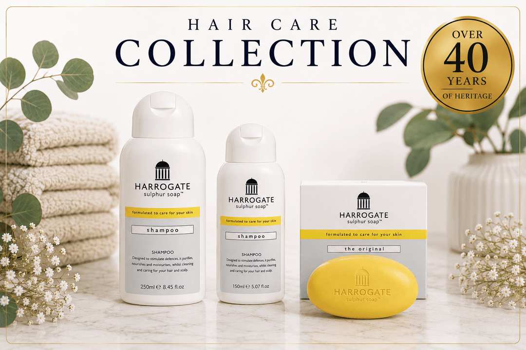 sulphur hair care collection featuring shampoo bottles and original sulphur soap, highlighting healthy hair and scalp care.