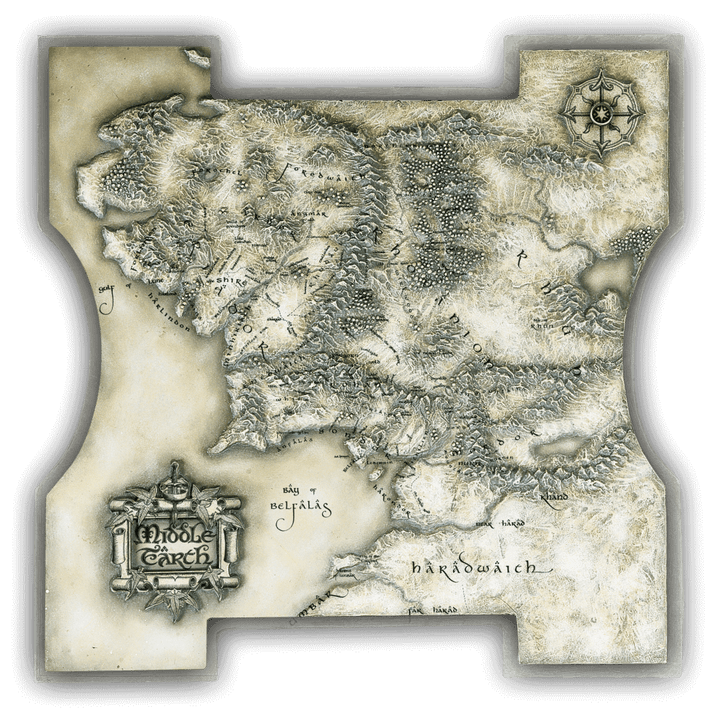 alt_tag: Detailed map of Middle-earth from the Lord of the Rings Chess Set, showcasing key locations and landmarks.