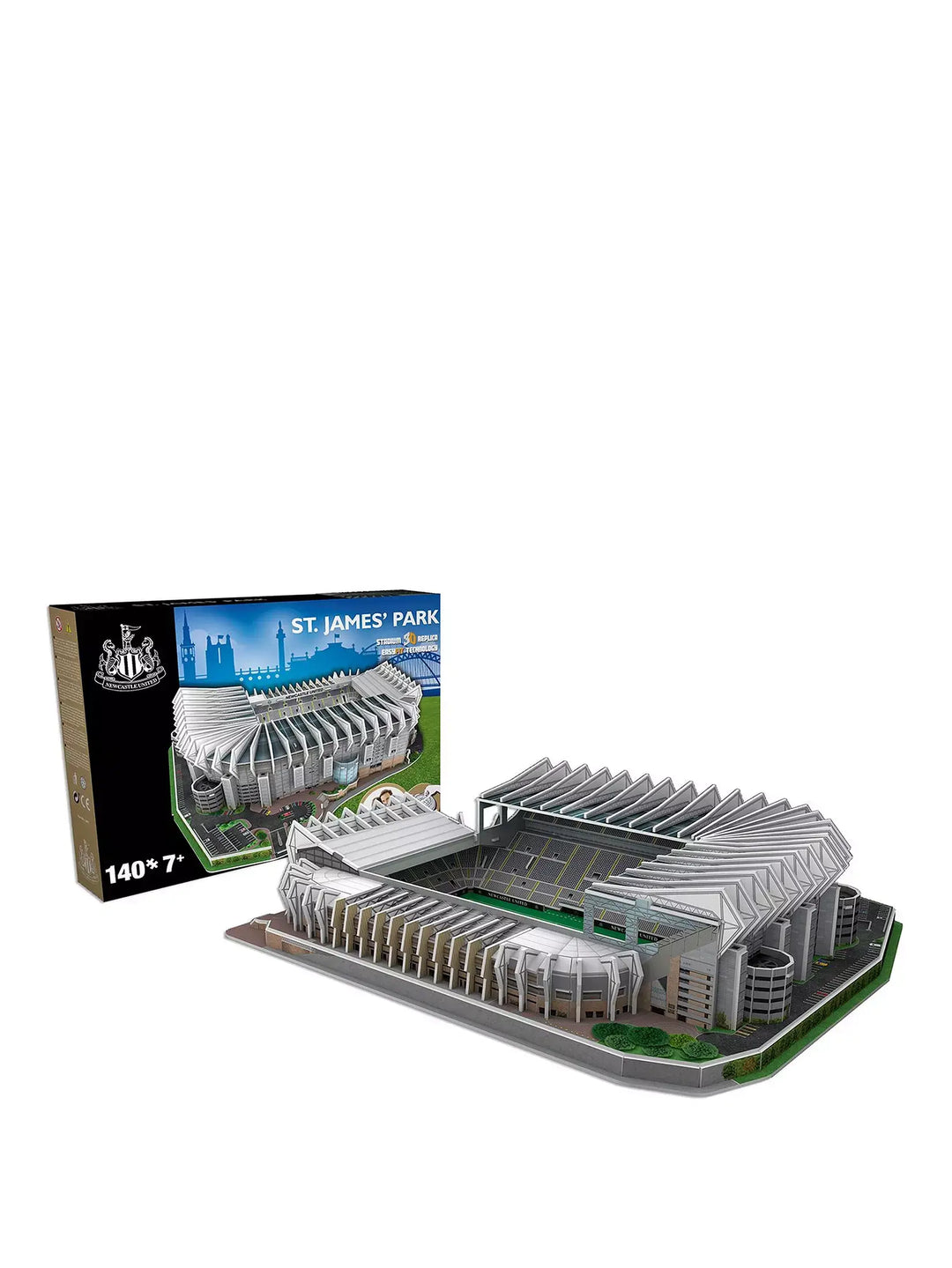 Newcastle stadium 3D puzzle display next to its packaging, showcasing St. James&