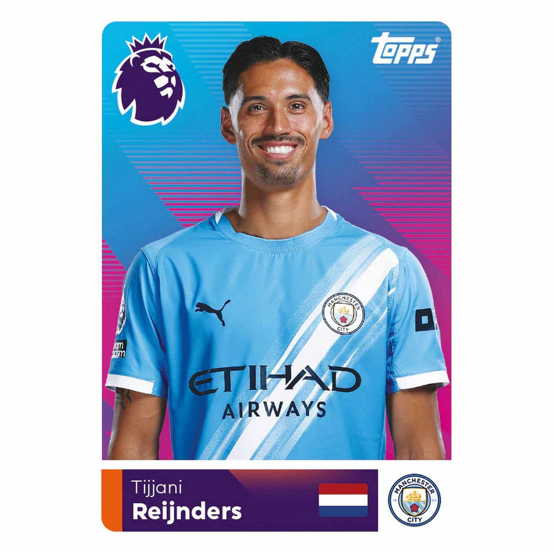 Premier League 2026 Stickers Mini Tin collectible sticker of Tijjani Reijnders from Manchester City.