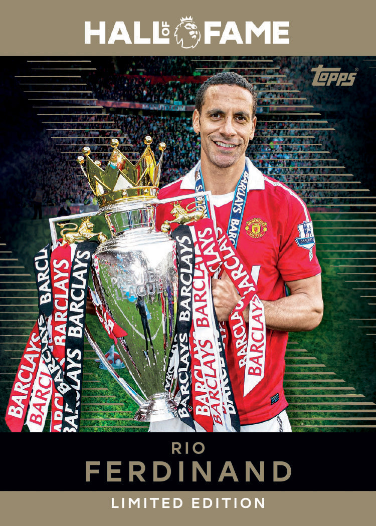 Rio Ferdinand holding the Premier League trophy in a Topps Hall of Fame Limited Edition card.