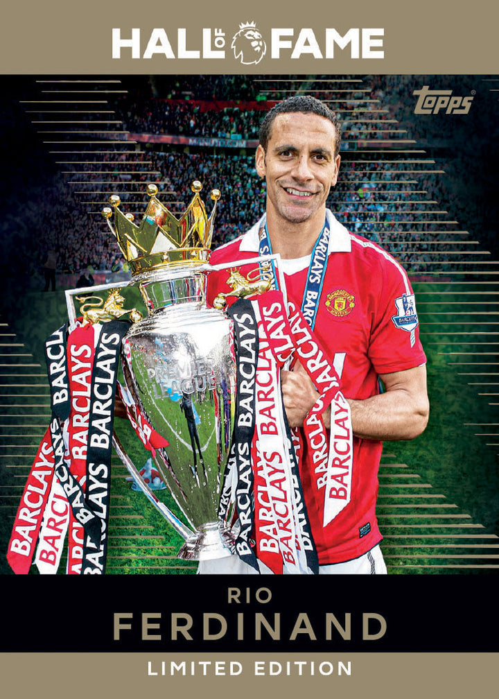 Rio Ferdinand holding the Premier League trophy in a Topps Hall of Fame Limited Edition card.