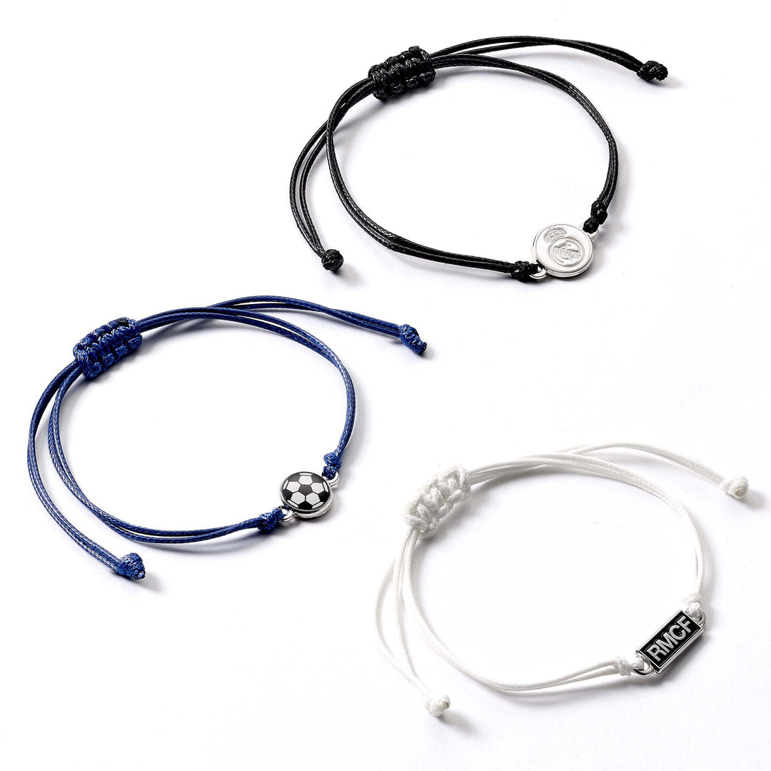 Real Madrid friendship bracelet set featuring adjustable black, blue, and white cords with football charms.
