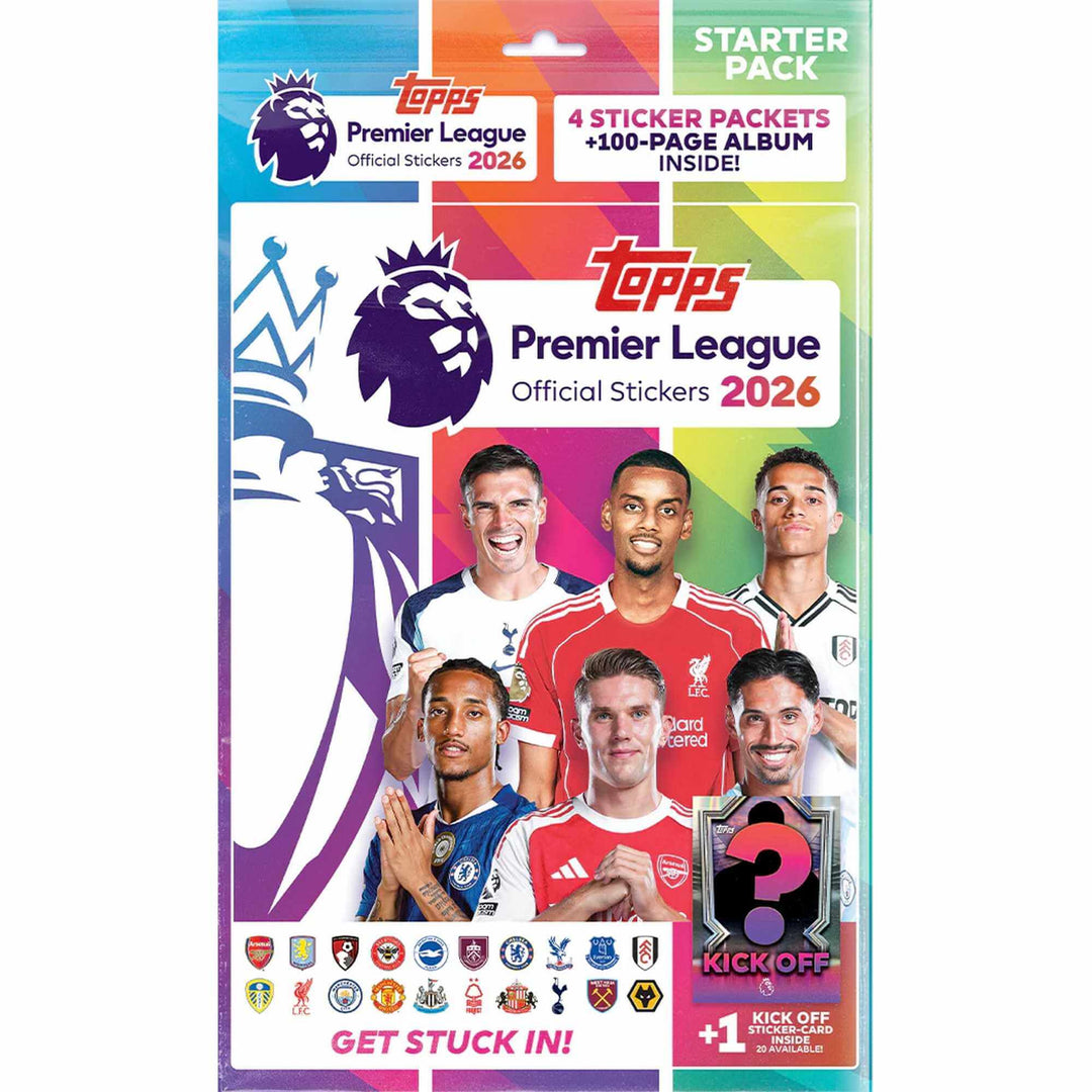 Premier League 2026 Stickers Starter Pack featuring sticker packets and album.