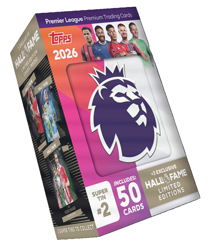 Premier League 2026 Super Tin by Topps featuring 50 cards and exclusive Hall of Fame LE cards.
