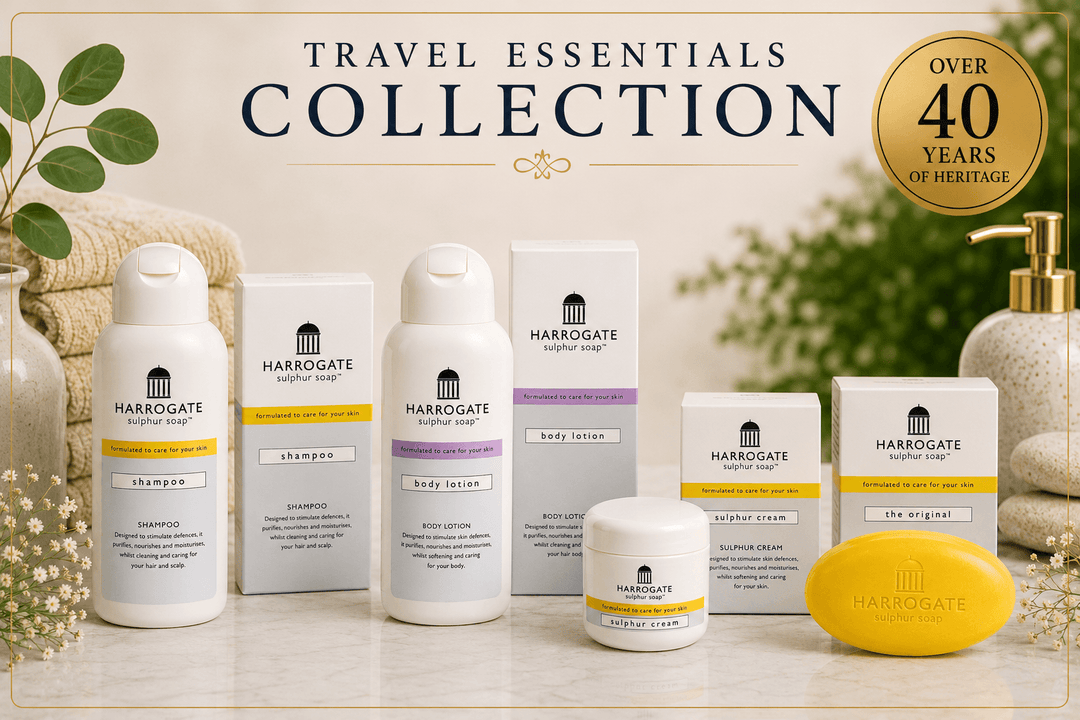 Travel Essentials Collection with travel skincare essentials from Harrogate, including shampoo, body wash, and sulphur cream.