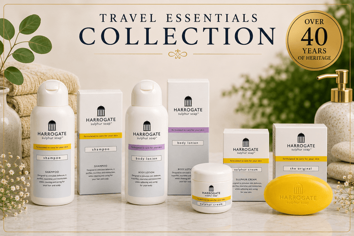 Travel Essentials Collection with travel skincare essentials from Harrogate, including shampoo, body wash, and sulphur cream.