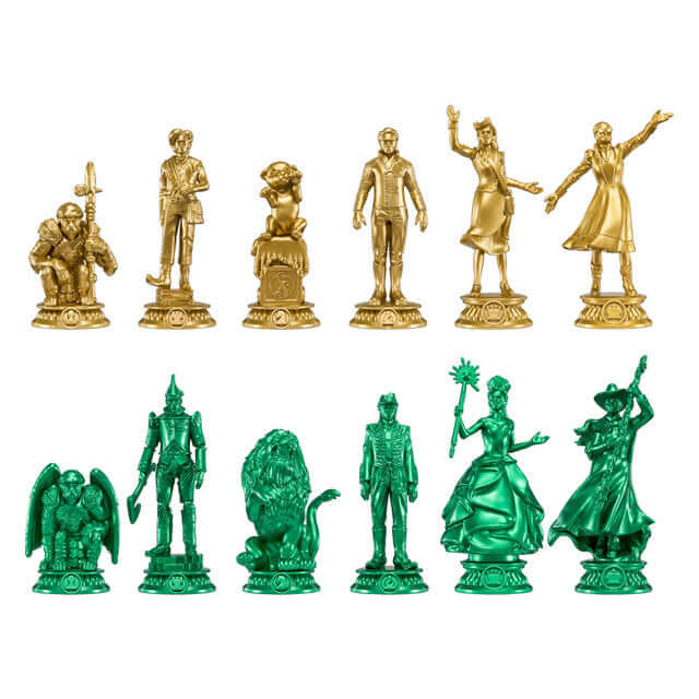 Wicked Chess Set featuring gold and green character pieces from Shiz University including Glinda and Elphaba.