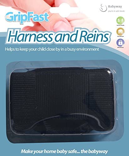 Grip Fast Child Safety Harness and Reins packaging showing child safety harness features and usage for busy environments.